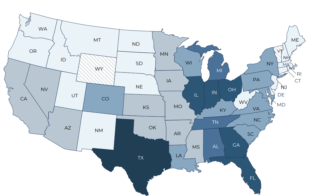FCPT Q1 2025 Map showing breakdown of ABR by state FCPT Q1 2025 Map showing breakdown of ABR by state